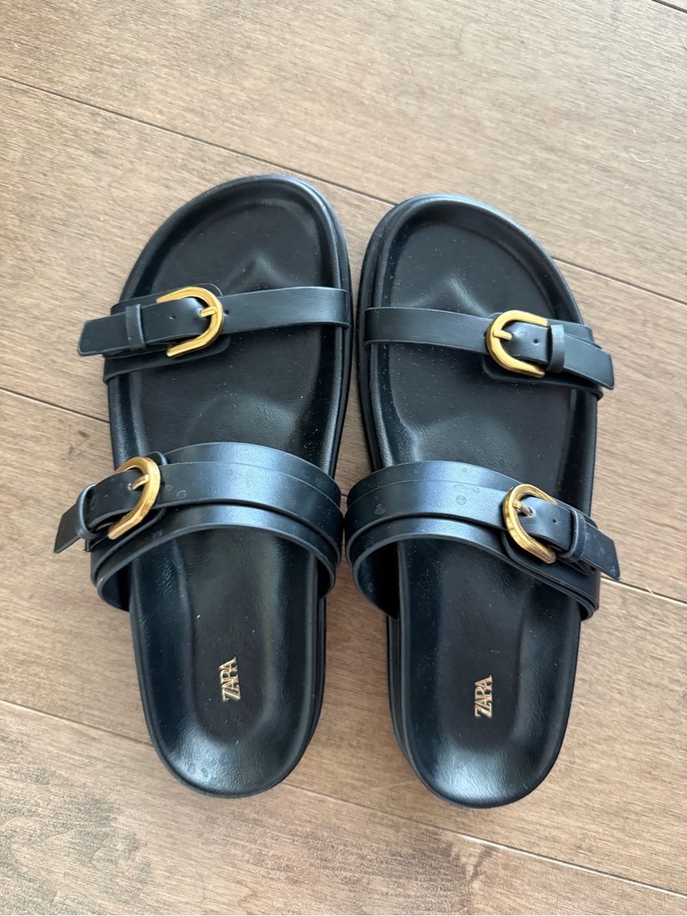 ZARA Black Double-Strap Slide Sandals with Gold Buckles